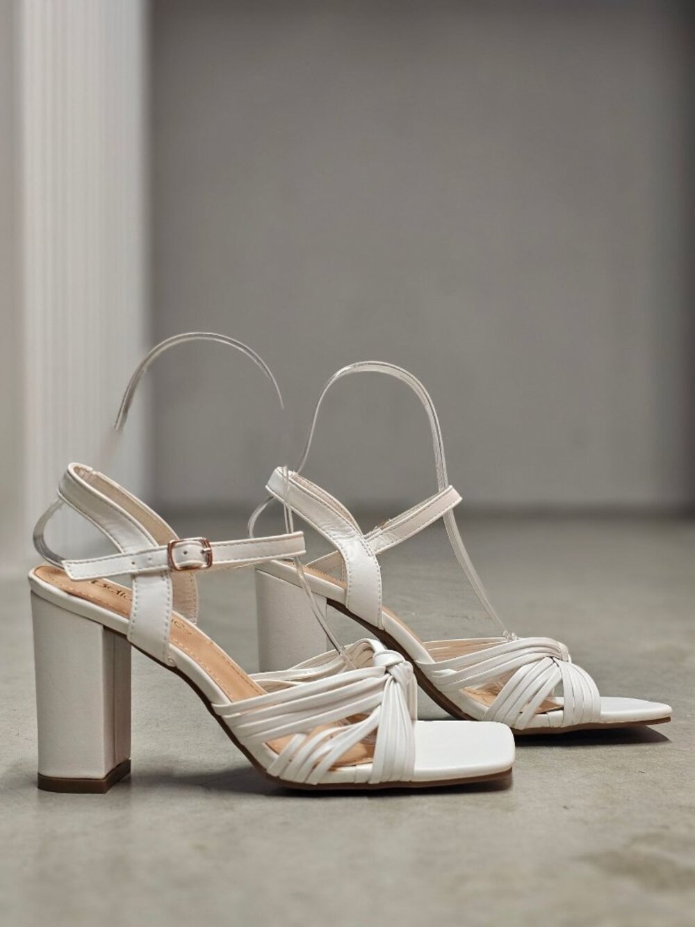 Strappy White Block Heel Sandals With Adjustable Ankle Strap & Knot Detail For W